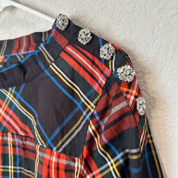 J. Crew Black Red Plaid Jewel Detail Boat Neck 100% Cotton Holiday Blouse Size 6 - Picture 3 of 6